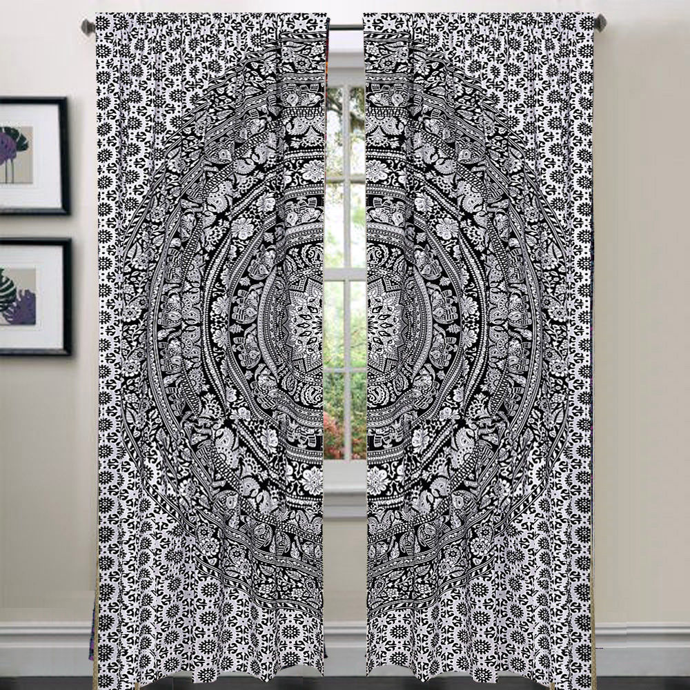 Handmade Indian Mandala Ombre Black And White Elephant Hippie Bohemian Curtain