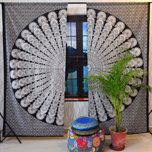 Indian Mandala Cotton Curtain - 82X41 Inch | Handmade, Screen Printed, Bohemian Style, 2.5 Inch Rod Pocket Panels, Perfect for Window Drapery or Room Divider