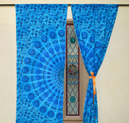 Indian Mandala Blue Dye Peacock Ombre Hippie Bohemian Curtain - 100% Cotton, 82x41 inches | Handmade, Rod Pocket, Sheer Window Draperies, Ethnic Tapestry