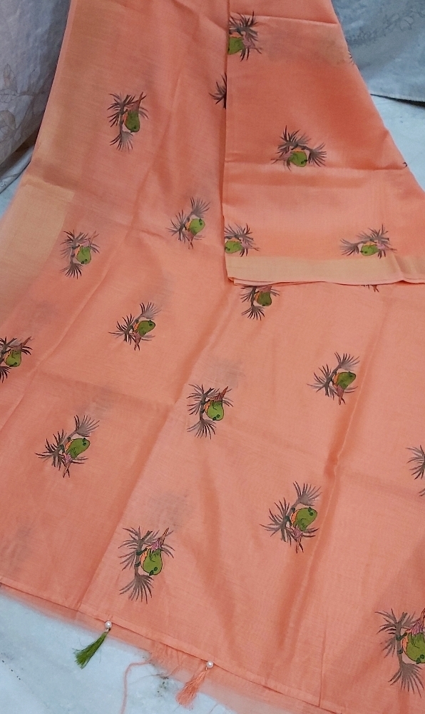 All Colours Linen Bird Embroidery Work Sarees