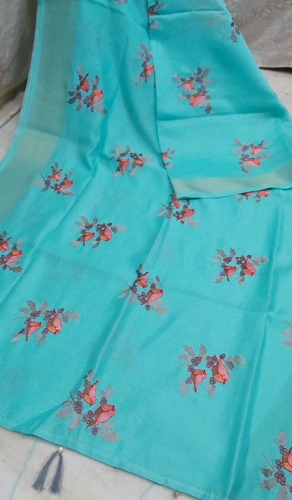 All Colours Linen Bird Embroidery Work Sarees