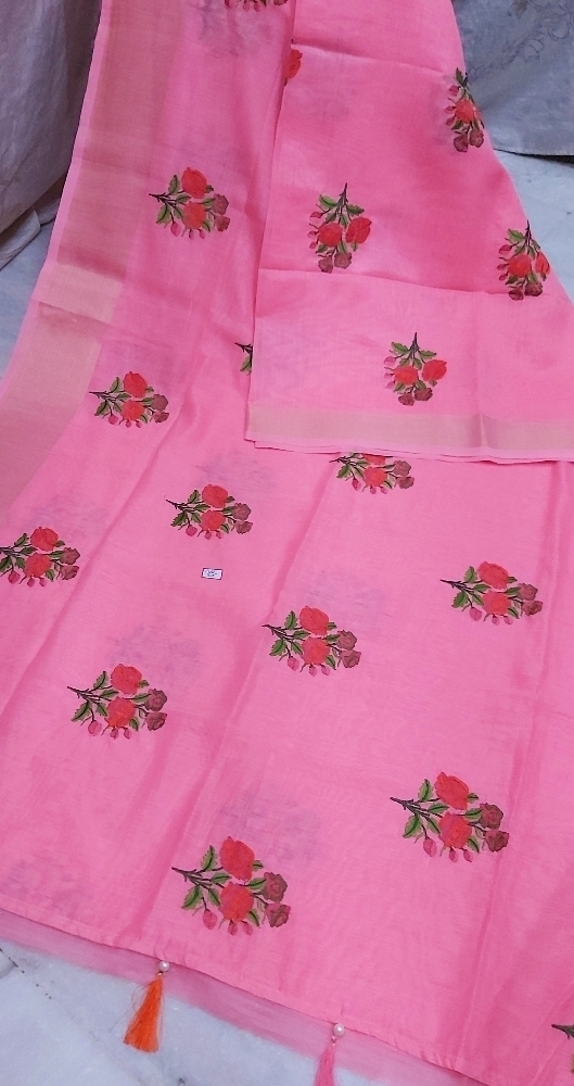 All Color Linen Flower Embroidery Work Sarees