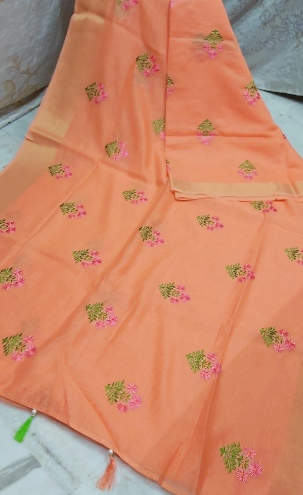 All Color Linen Flower Embroidery Work Sarees