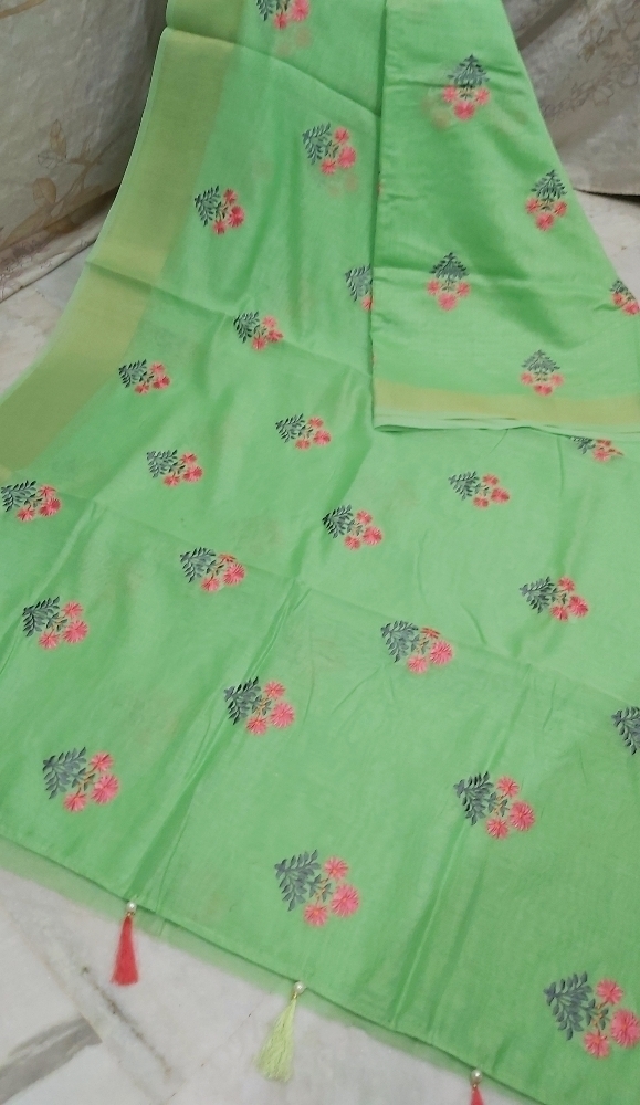 All Color Linen Flower Embroidery Work Sarees