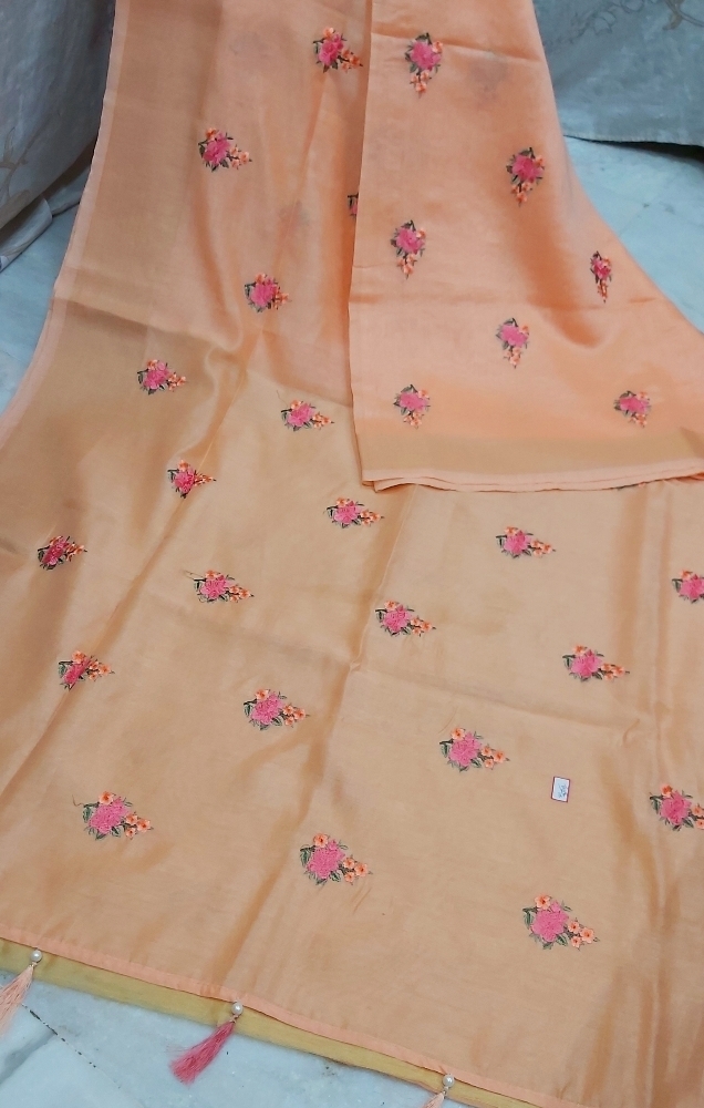 All Color Linen Flower Embroidery Work Sarees