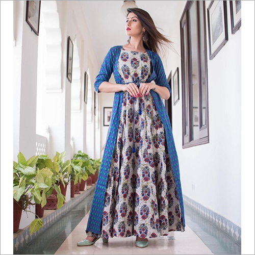 Long Jacket Designer Gown - Floral Print, Available in S, M, L, XL | Washable, Dry Cleanable, Suitable for All Seasons