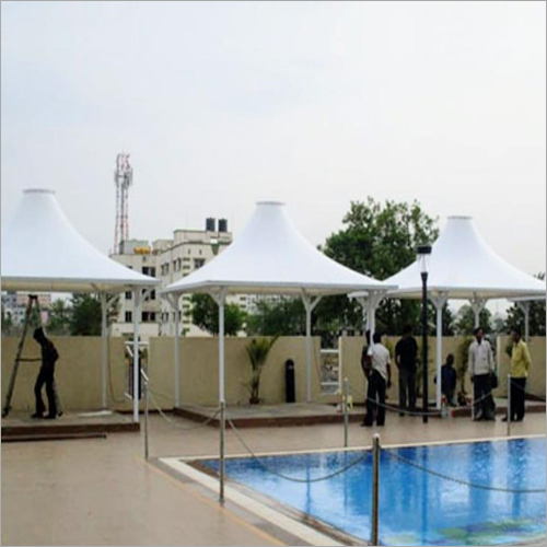 Swimming Poolside Conical Tensile Structure - Metal Modular Design, Eco-Friendly PVC Roof, Custom Dimensions, Elegant Plain White Finish | Ideal for Hotels/Restaurants and Villas