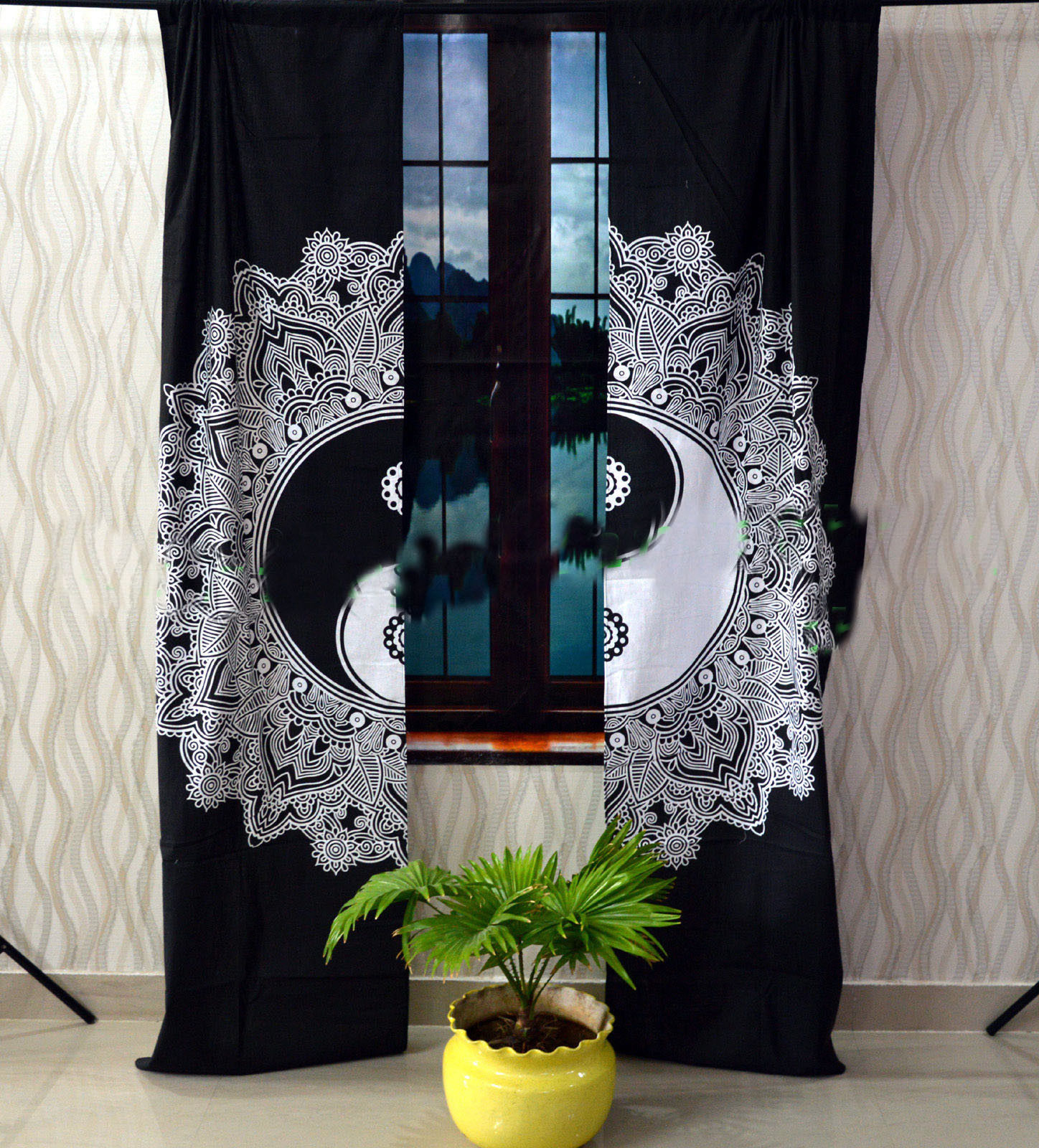 Handmade Indian Mandala Black And White Ying Yang Ombre Hippie Bohemian Curtain