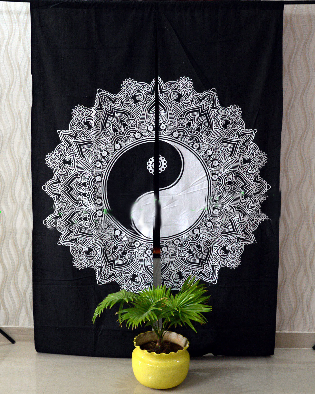 Handmade Indian Mandala Black And White Ying Yang Ombre Hippie Bohemian Curtain