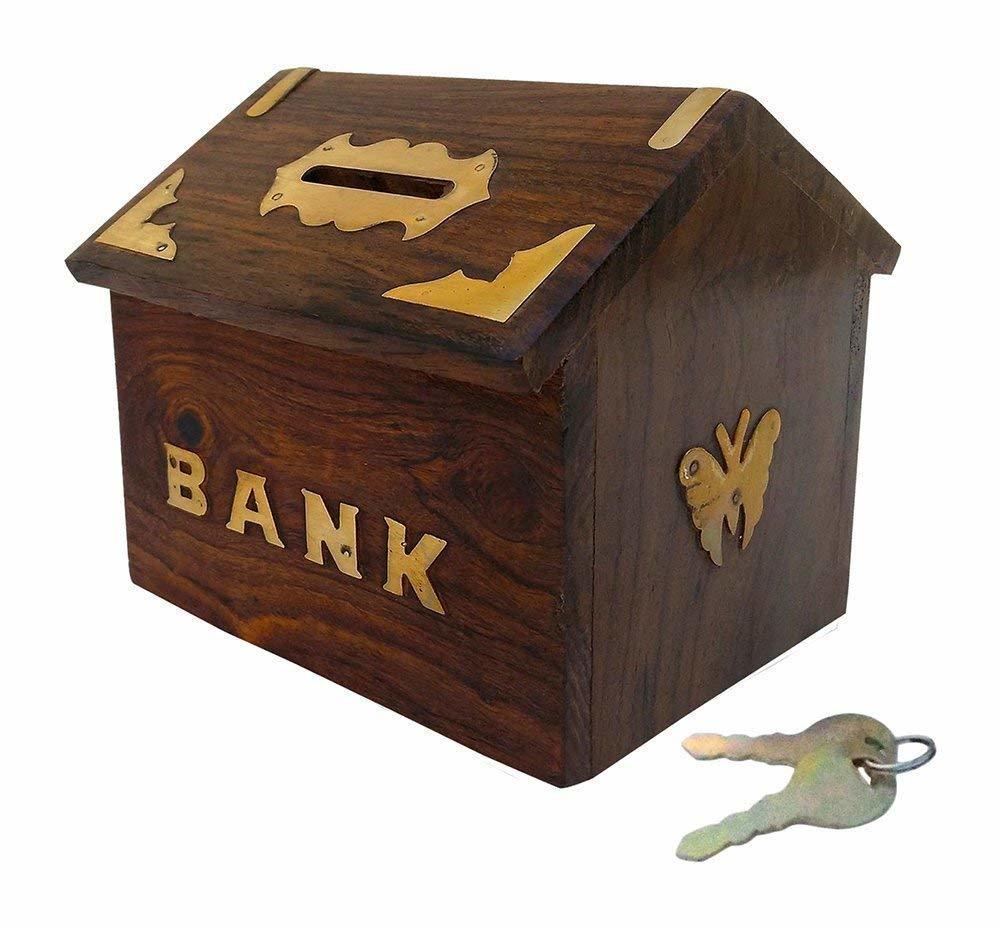 Wooden Money Bank Hut Style Kids Piggy Coin Box Gifts Handmade (4-inch) With Lock - Wood, 4 X 4 X 4 Inch | Antique Design, Hinged Lid With Lock