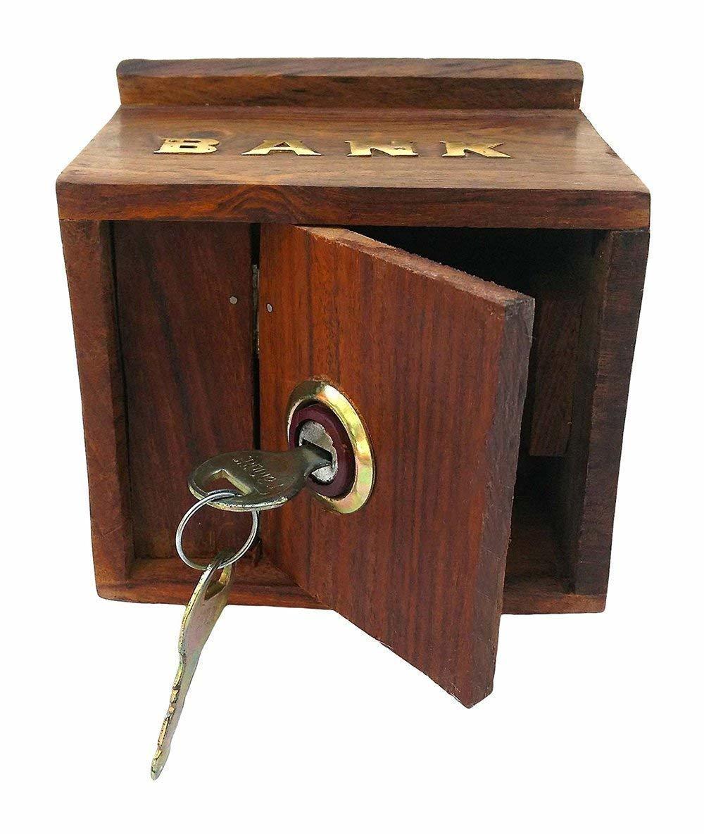 Wooden Money Bank Hut Style Kids Piggy Coin Box Gifts Handmade (4-inch) With Lock - Wood, 4 X 4 X 4 Inch | Antique Design, Hinged Lid With Lock