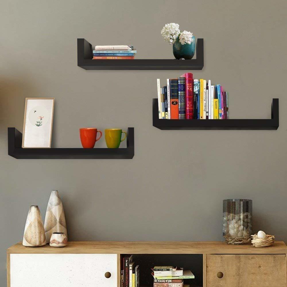 Wood Floating Shelves Set Of 3 With Modern U Shape And Durable Design, Simple Hanging Black (Black)