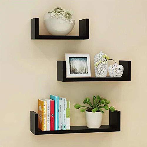 Wood Floating Shelves Set Of 3 With Modern U Shape And Durable Design, Simple Hanging Black (Black)