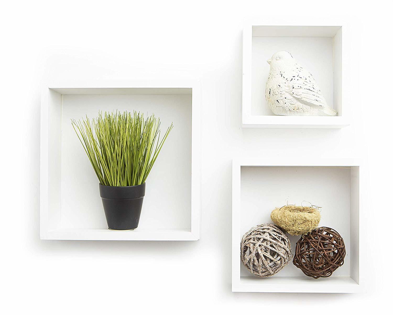 Wood Cube Floating Wall Shelf, Set Of 3, White