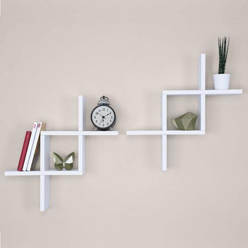 Wood Cross Design Floating Wall Shelf, Set Of 2, White