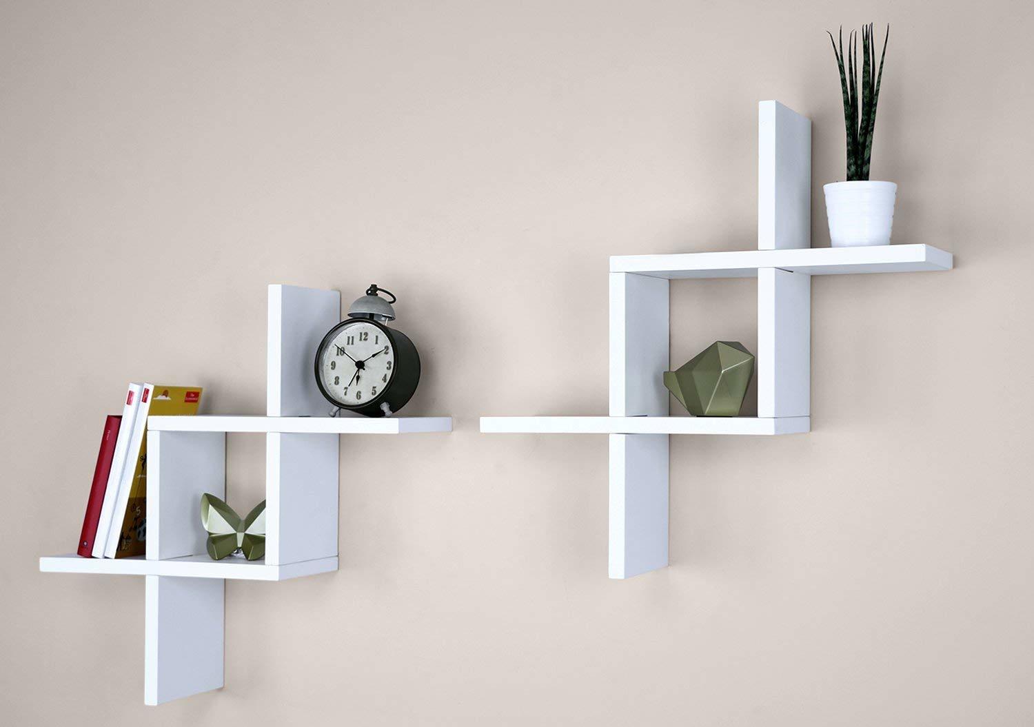 Wood Cross Design Floating Wall Shelf, Set Of 2, White