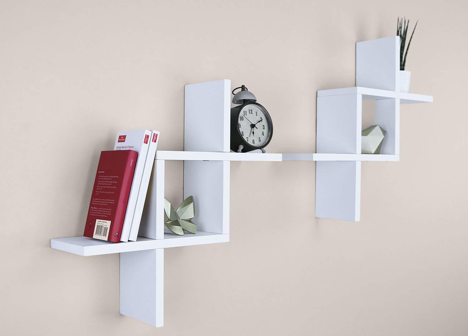 Wood Cross Design Floating Wall Shelf, Set Of 2, White