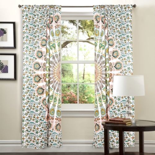 Indian Mandala White Peacock Ombre Hippie Bohemian Curtain - 100% Cotton, 82x41 Inches | Handcrafted, Rod Pocket Panels, Sheer Window Draperies