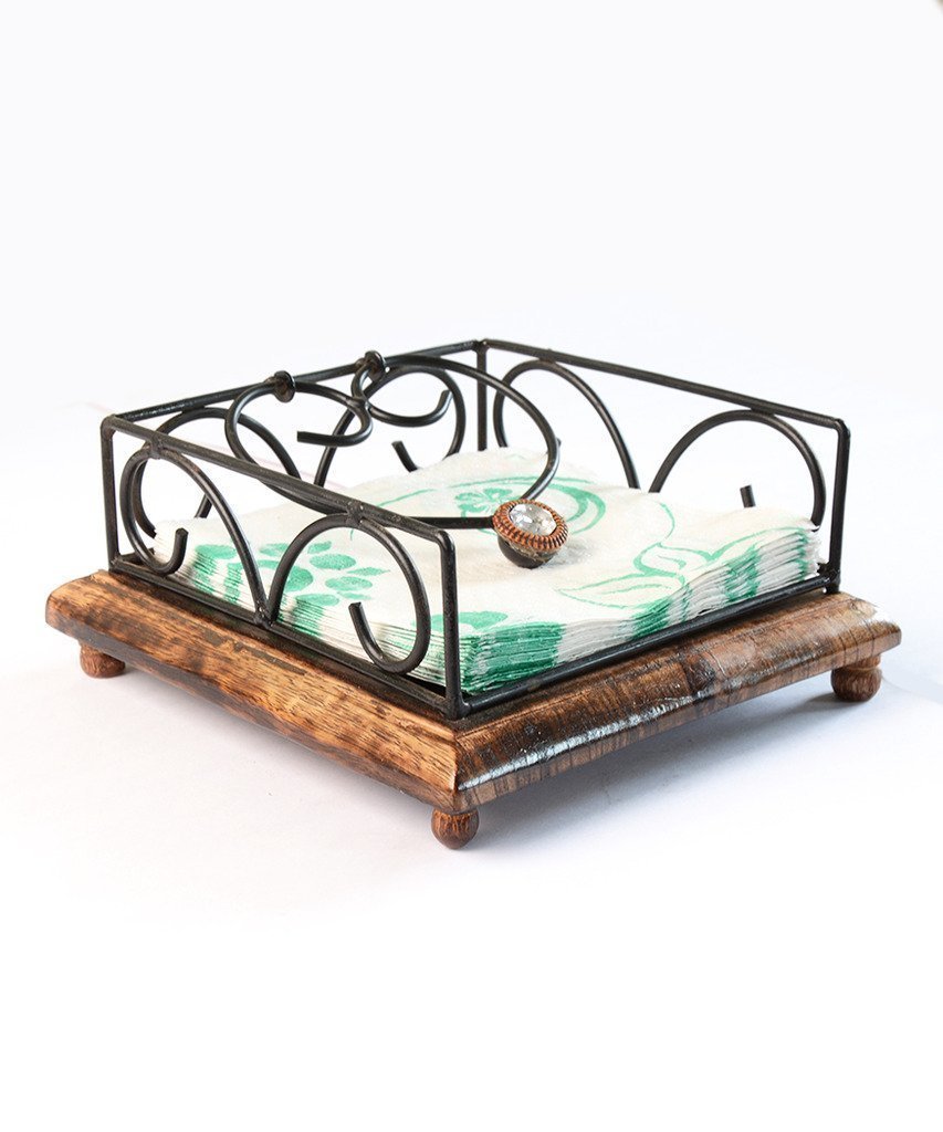 Wrought Iron Flat Napkin Holder - Wooden Design | Elegant Minimalistic Tissue Holder For Dining Tables, Offices, And Kitchens