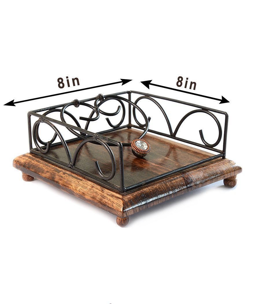 Wrought Iron Flat Napkin Holder - Wooden Design | Elegant Minimalistic Tissue Holder For Dining Tables, Offices, And Kitchens