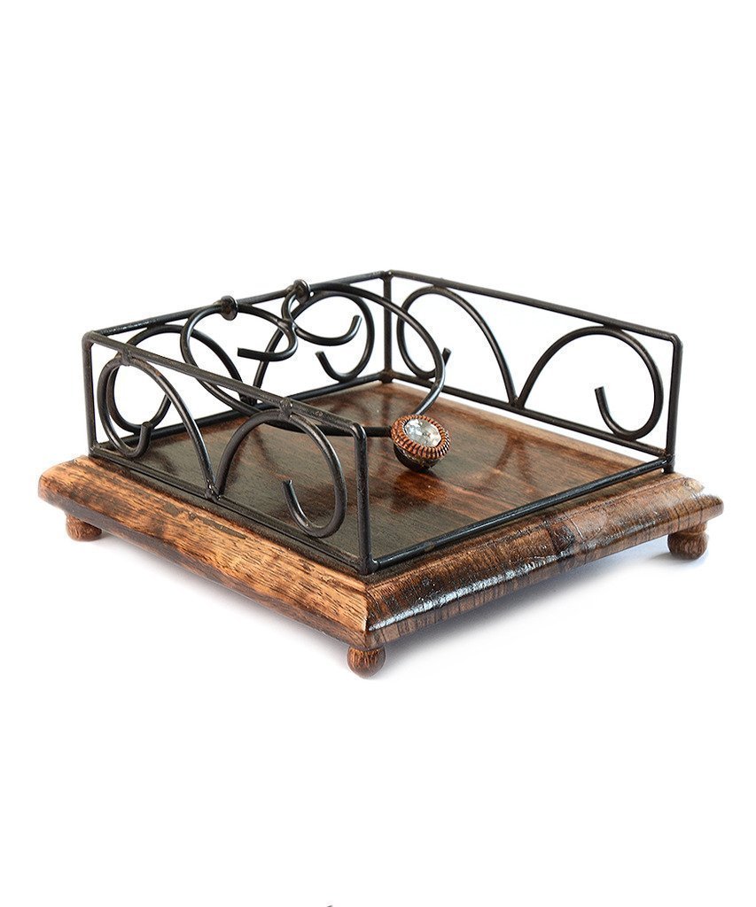 Wrought Iron Flat Napkin Holder - Wooden Design | Elegant Minimalistic Tissue Holder For Dining Tables, Offices, And Kitchens