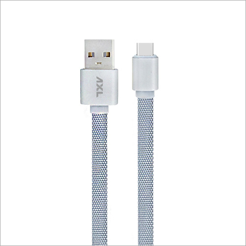 Flat Braided Type C USB Cable - Rubber + Plastic Material, 1 Meter Length, Grey Color | 2.1 Amp Output, 6 Months Warranty