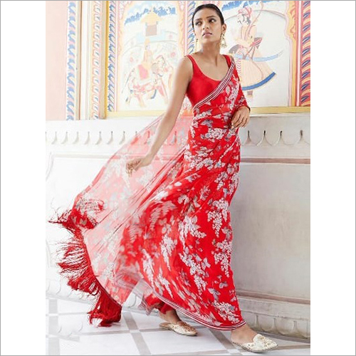 डिजिटल प्रिंटेड ऑर्गेंज़ा साड़ी