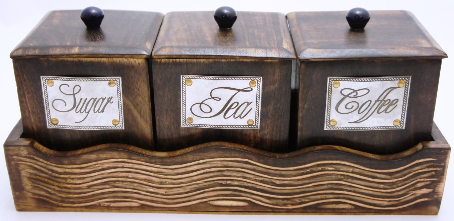 Wooden Container Set - Seasoned Wood, 26.67cm X 10.16cm X 10.16cm & 7.62cm X 7.62cm X 10.16cm, Elegant Hand-made Design With Lids And Holder For Tea, Coffee, Sugar