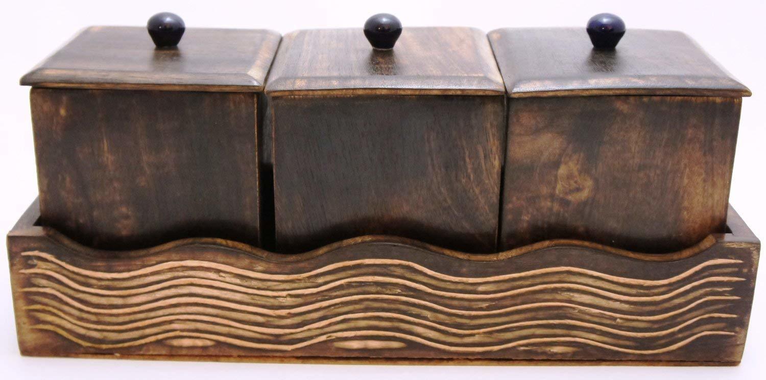 Wooden Container Set - Seasoned Wood, 26.67cm X 10.16cm X 10.16cm & 7.62cm X 7.62cm X 10.16cm, Elegant Hand-made Design With Lids And Holder For Tea, Coffee, Sugar