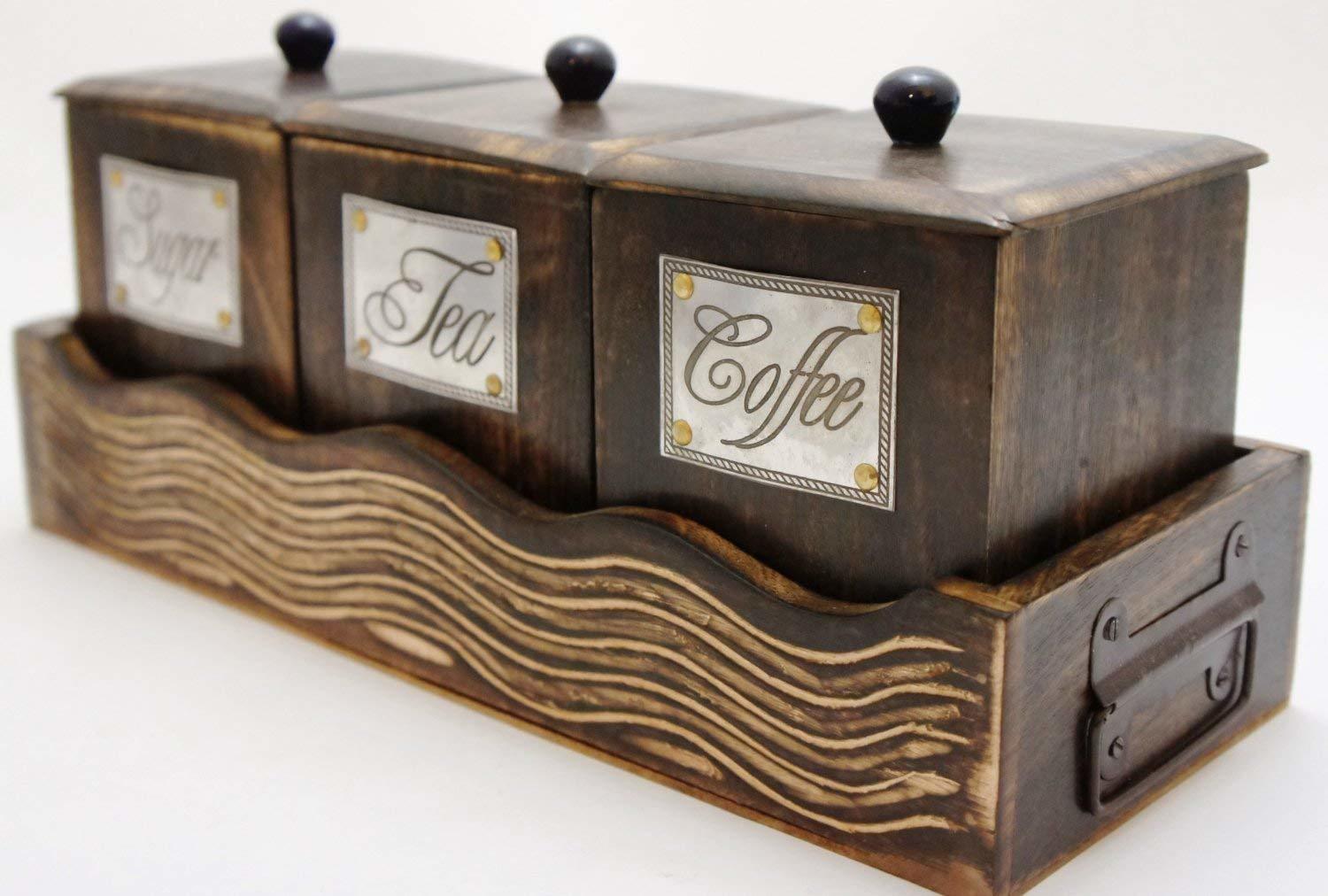 Wooden Container Set - Seasoned Wood, 26.67cm X 10.16cm X 10.16cm & 7.62cm X 7.62cm X 10.16cm, Elegant Hand-made Design With Lids And Holder For Tea, Coffee, Sugar