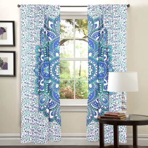 Indian Mandala Freen Lotus Ombre Hippie Bohemian Curtain - 100% Cotton, 82x41 Inch, Handmade, 2-piece Set With Rod Pocket Panels - Ethnic Tapestry Design