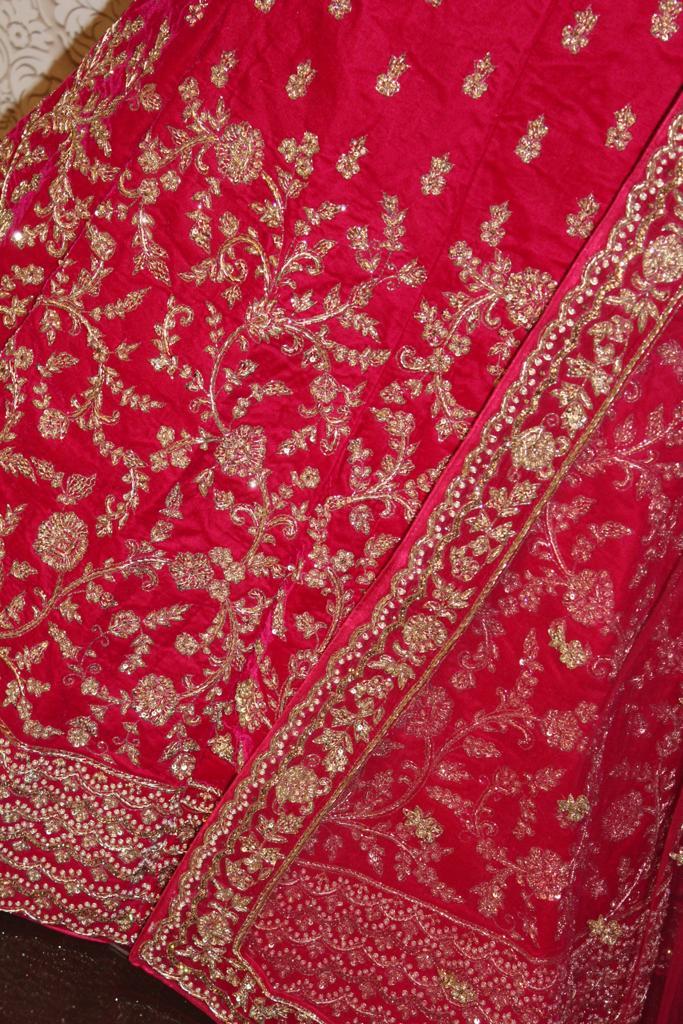 Bridal Lehenga - Crushed Velvet, Custom Size, Red Color | Hand Embroidered Pattern, Netted Dupatta, Dry Clean Only