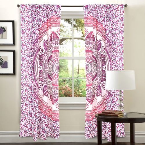 Indian Mandala Pink Trishul Ombre Hippie Bohemian Curtain - 100% Cotton, 82x41 Inch, Handmade, Screen Printed Design, 2 Piece Set