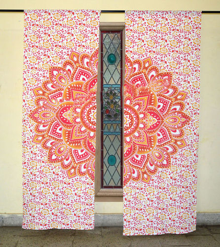 Indian Mandala Yellow Lotus Ombre Hippie Bohemian Curtain - 100% Cotton, 82x42 inches | Handmade, Rod Pocket, Ethnic Style, Screen Printed