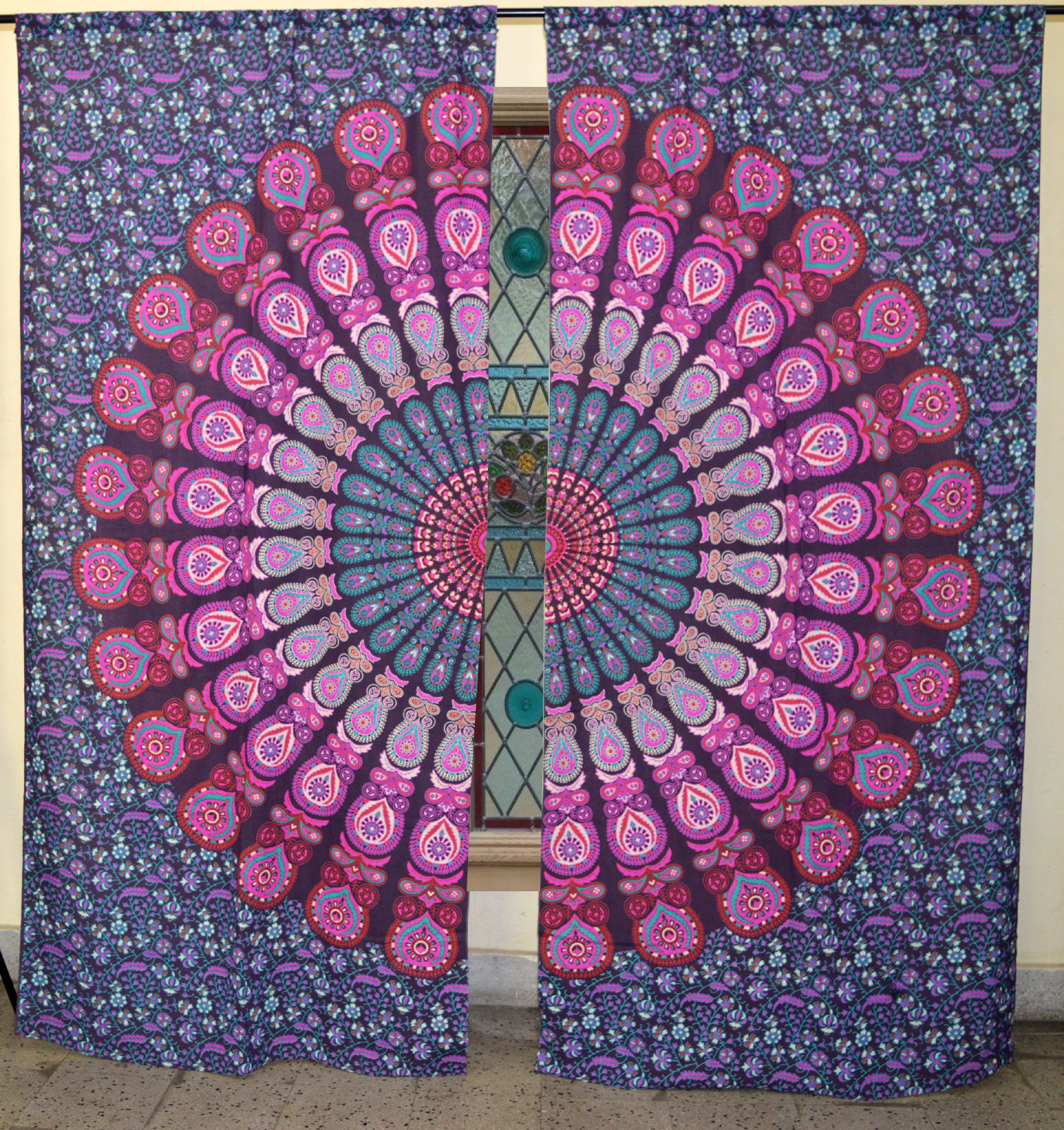 Cotton Mandala Window Drapes - 82x41 Inches | Handmade Hippie Bohemian Design, Includes 2 Panels, Ethnic Art Feel