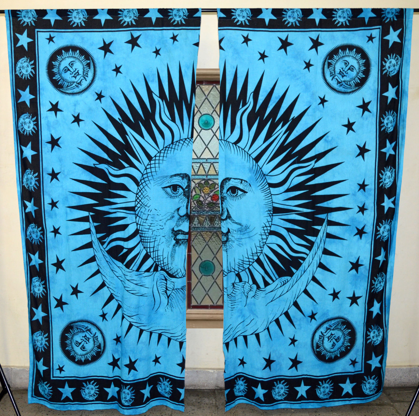 Indian Mandala Sun N Moon Ombre Hippie Bohemian Curtain - 100% Cotton 82" X 41" Panels | Handmade Rod Pocket Design Ethnic Style 2 Pc Set