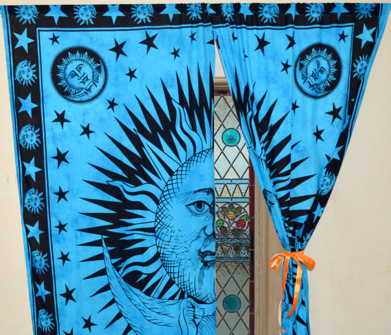 Indian Mandala Sun N Moon Ombre Hippie Bohemian Curtain - 100% Cotton 82" X 41" Panels | Handmade Rod Pocket Design Ethnic Style 2 Pc Set