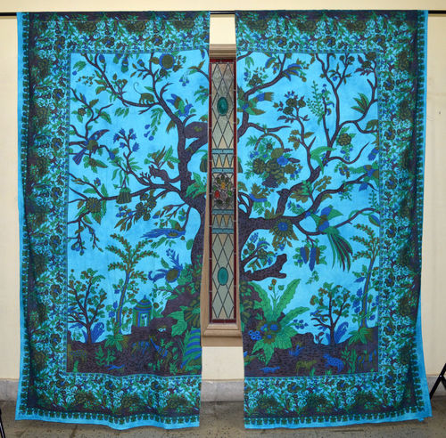 हस्तनिर्मित भारतीय मंडला फ़िरोज़ा ट्री ऑफ़ लाइफ ओम्ब्रे हिप्पी बोहेमियन कर्टन