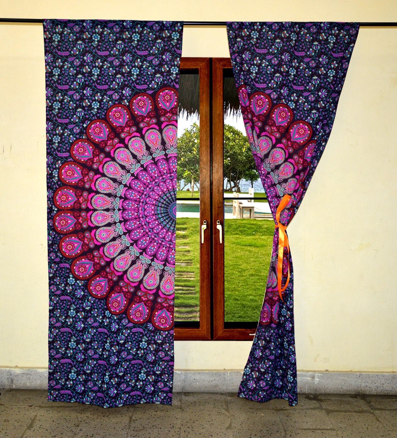 Indian Mandala Pink Cotton Ombre Hippie Curtain - 82"x41" Panels | Handmade, Bohemian Style, Screen Printed, 2-piece Set, Ethnic Window Drapery