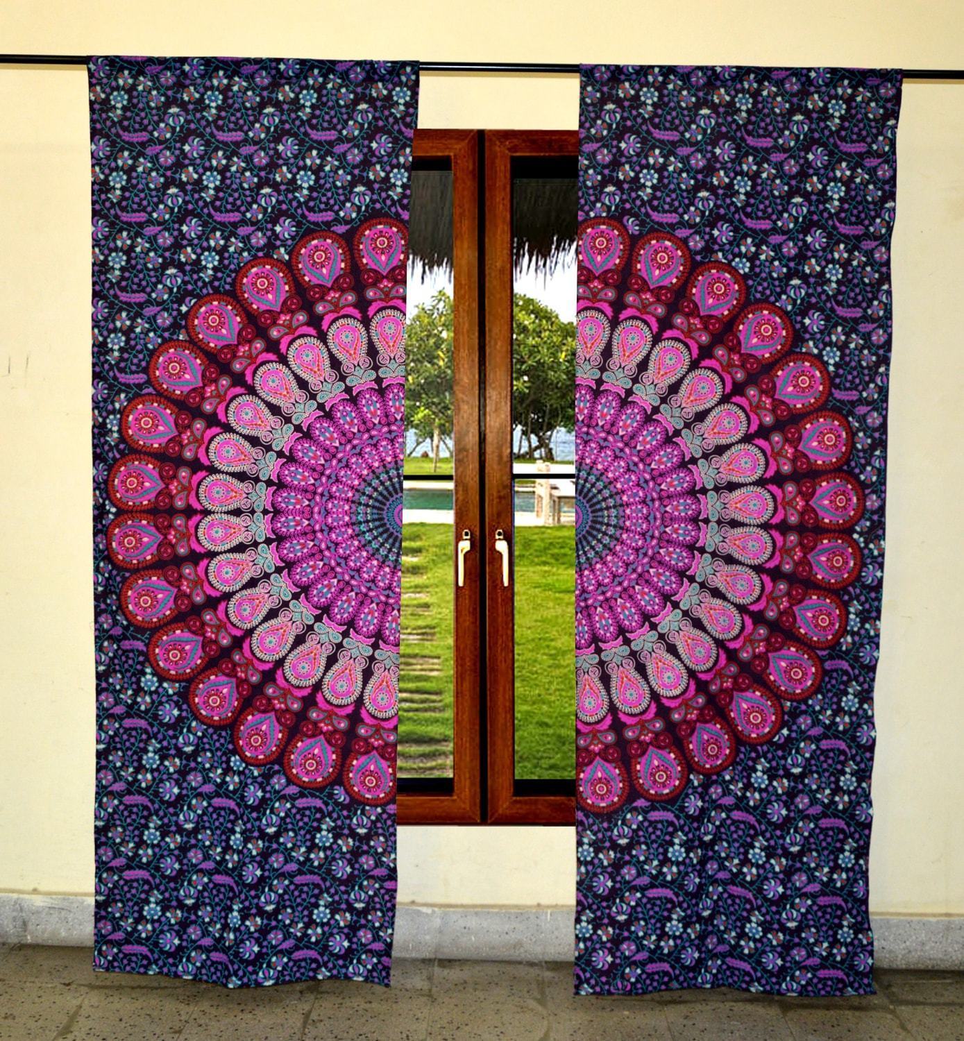 Indian Mandala Pink Cotton Ombre Hippie Curtain - 82"x41" Panels | Handmade, Bohemian Style, Screen Printed, 2-piece Set, Ethnic Window Drapery