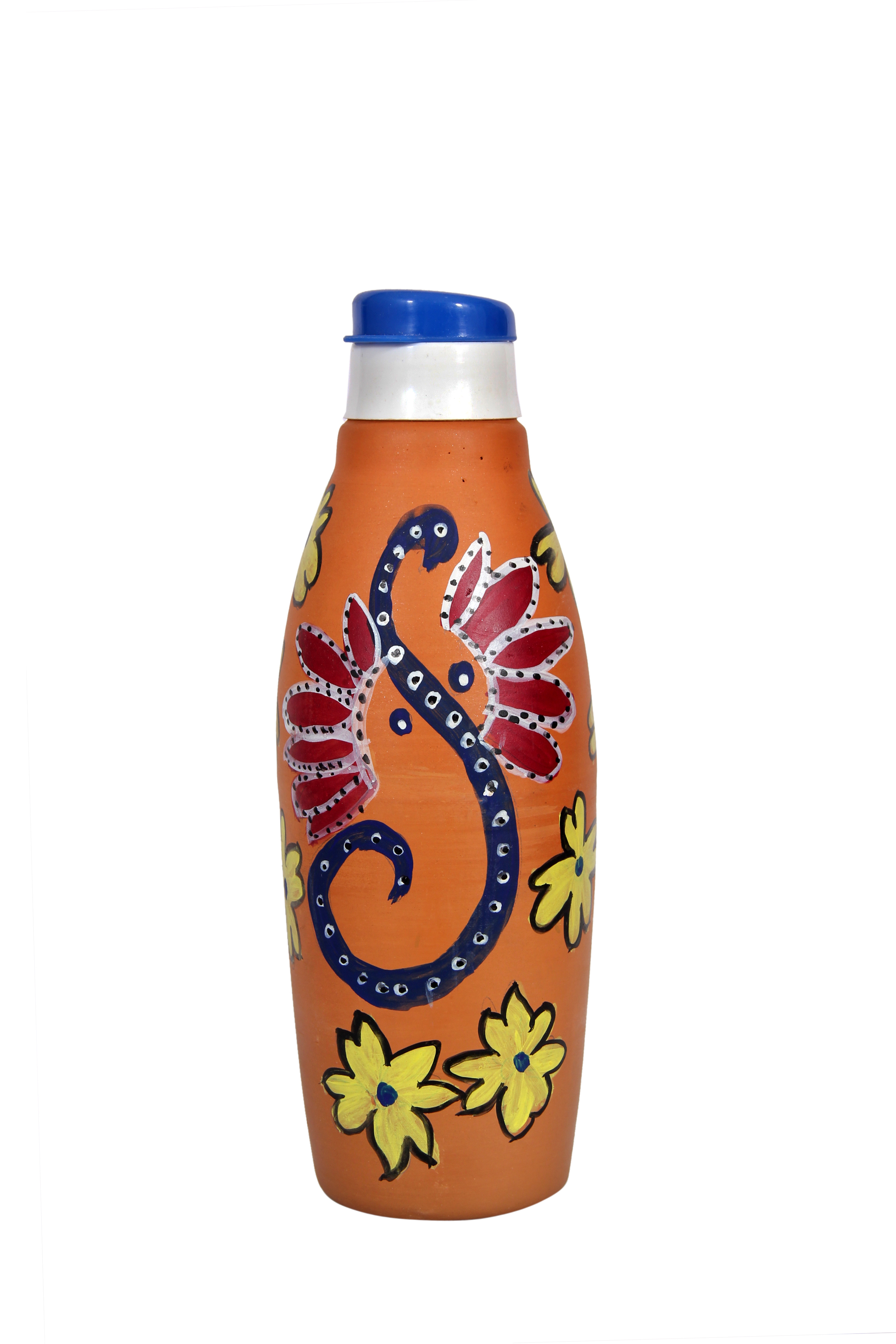 Terracotta Clay Designer Water Bottle - 1l | 100% Organic Clay, Beautiful Crafting, Natural Cooling, Health Benefits