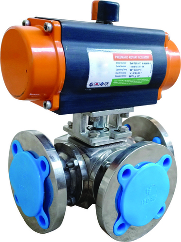 3 Way Rotary Actuated Ball Valve - Metal Structure | Orange, Black, and Silver Colors for Liquid Media Handling