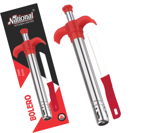 Bolero-L Gas Lighter With SS Knife - Metal, Standard Size | Red Color, Standard Thickness and Weight, Versatile Gas Ignition Tool