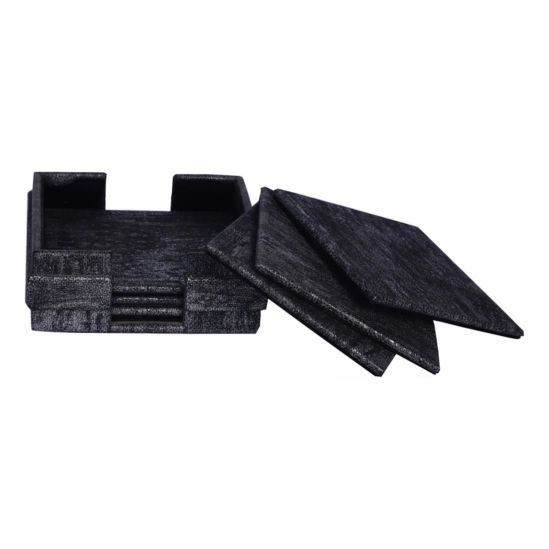 Table Coaster - 4.5x4.5x1.75 Inch, Black Faux Leather Square