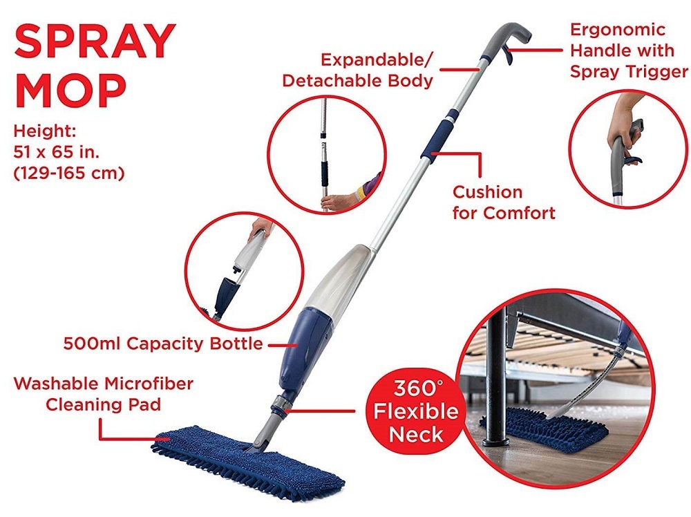 White/blue Flexible Microfiber Spray Mop With Reusable Cloth Pads