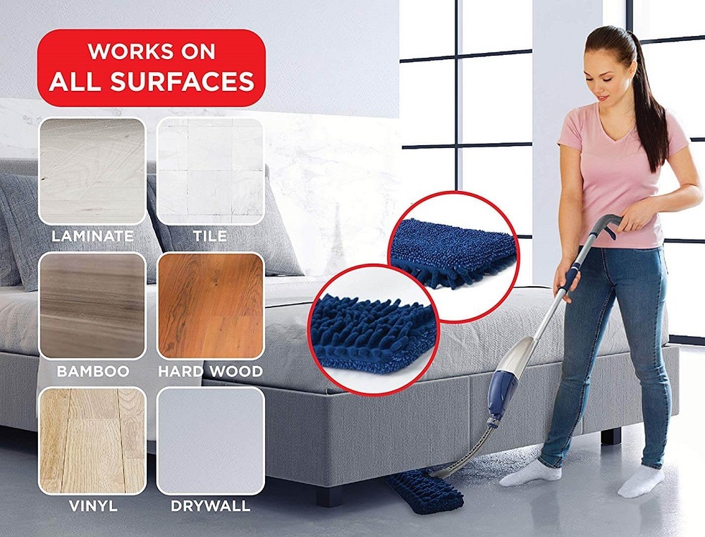 White/blue Flexible Microfiber Spray Mop With Reusable Cloth Pads