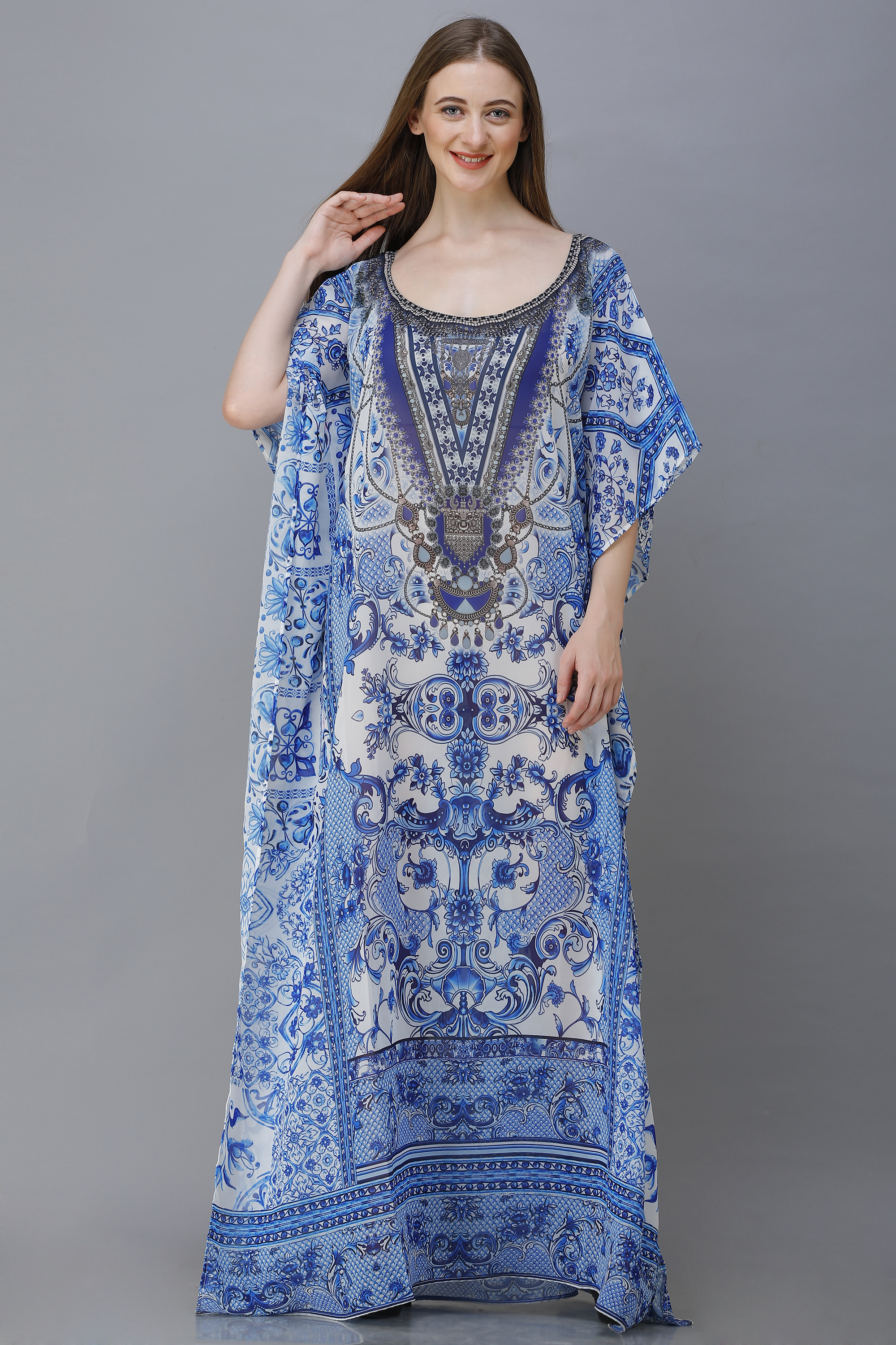 Long Kaftan - Printed Silk/cotton/modal Poly-crepe Ggt Satin Chiffon, Digital Print In Multi Colors