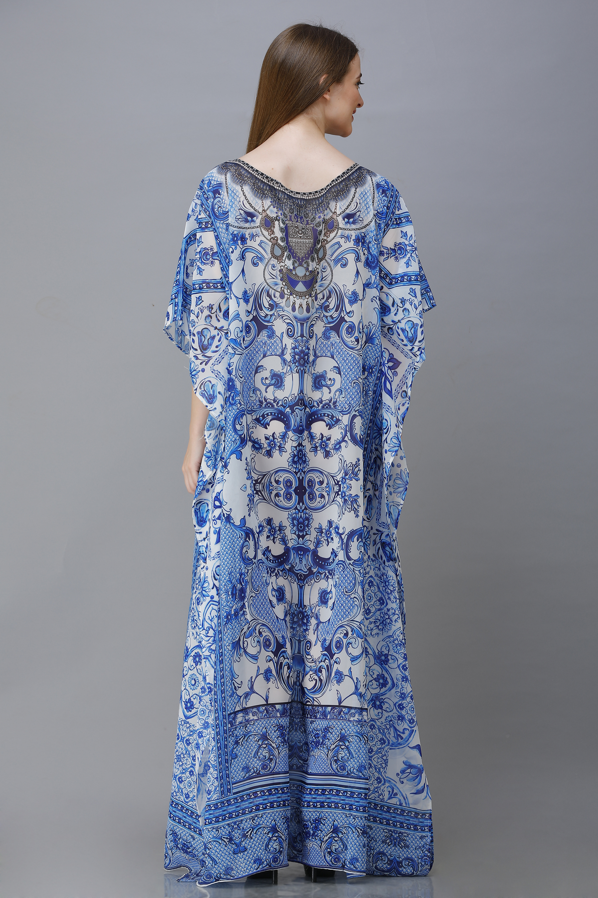 Long Kaftan - Printed Silk/cotton/modal Poly-crepe Ggt Satin Chiffon, Digital Print In Multi Colors
