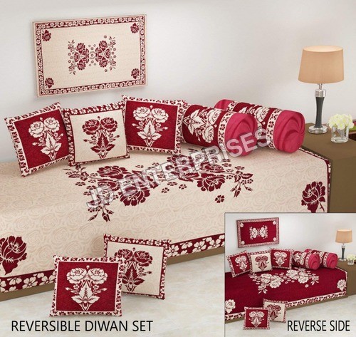 Diwan Set - Velvet Material, 6x4 ft Dimensions, Burgundy Color | 10 Pieces with Cotton Filling and Floral Design, 1 Year Warranty