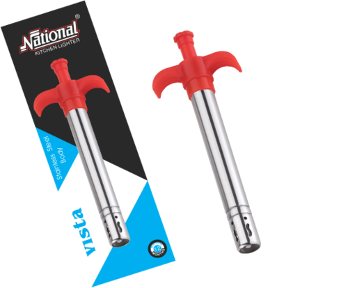 Vista Gas Lighter With SS Body Plastic Handle - Stainless Steel, Standard Size, Multiple Colors | Silicon Grip, ABS Plastic Handle, Box Packaging